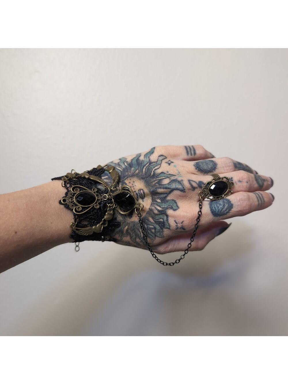 Black Lace Hand Chain Bracelet with Ring Gothic